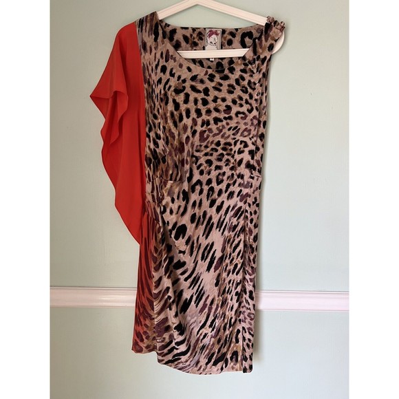 Yoana Baraschi Sz 8 RARE 100% Silk Leopard Print Sheath Shift Dress Red Ruffle - Picture 2 of 7